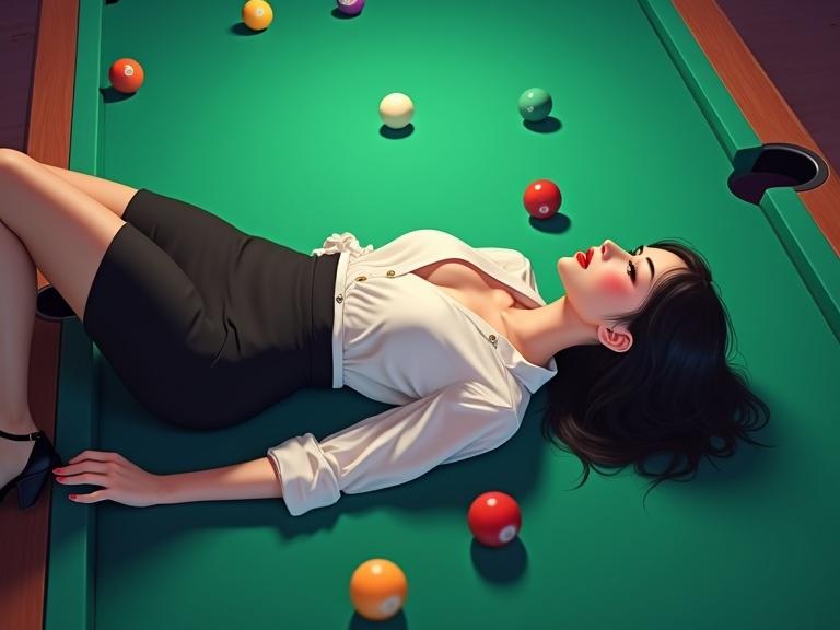Full-body top-down view of a woman lying on a pool table. She is in a polished outfit with elegant features. Green table with colorful balls around. Soft lighting enhances her appearance. Background suggests a modern bar atmosphere.