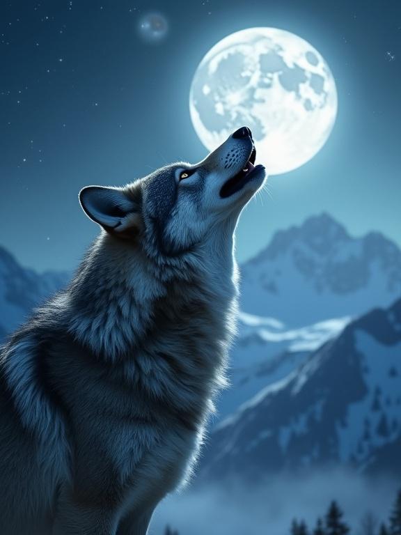 Close-up portrait of a majestic grey wolf howling. Fur has incredible texture and detail. Breath misting in cold air. Dramatic moonlight illuminates. Background is a serene mountain landscape with mist. Star-filled night sky with a glowing full moon. Cinematic lighting highlights silhouette. Dominant colors are cool blues and ethereal greys. Mood is powerful and mysterious. Sharp focus on wolf. Shallow depth of field in background. 8K resolution.