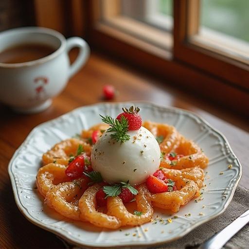 A beautifully plated dessert featuring ice cream and garnishes. Warm tones enhance the inviting atmosphere.
