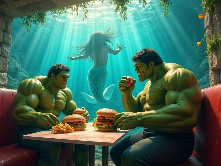A photorealistic image in a fast food restaurant. Multiple Hulk characters are sitting at tables, enjoying giant hamburgers. Their green bodies fill the seats. Their large hands hold the burgers as they bite enthusiastically. Customers and employees look on in amazement. The bright lights of the restaurant illuminate the scene. An underwater scene features a beautiful mermaid with flowing hair and a shimmering tail. She glides through the water, sunlight filters down creating enchanting rays, coral formations and marine plants enhance the fantasy aspect, feelings of peace and wonder are evoked.