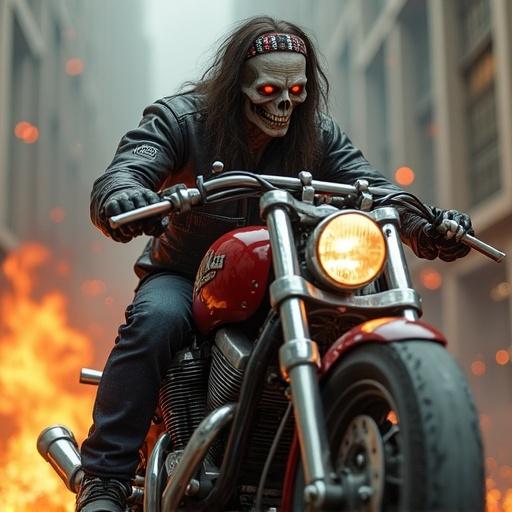 Zombie character riding a motorcycle. Zombie has a headband featuring Metallica. Dark urban setting with flames in the background. Emphasis on the motorcycle and eerie atmosphere.