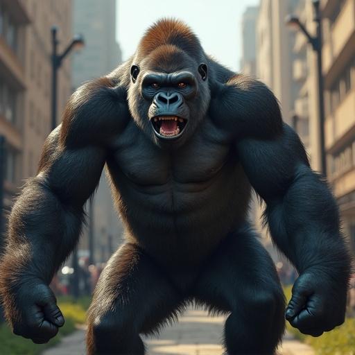 A powerful gorilla with muscular build stands on a city street. The gorilla showcases an intimidating yet impressive stance. The background involves urban architecture providing context. The scene is lit by bright daylight.