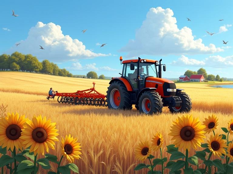 Tractor and Disc Harrow working in a wheat field surrounded by sunflowers. Orange tractor pulling a harrow with a farmhouse and pond in background. Bright blue sky dotted with clouds and birds.