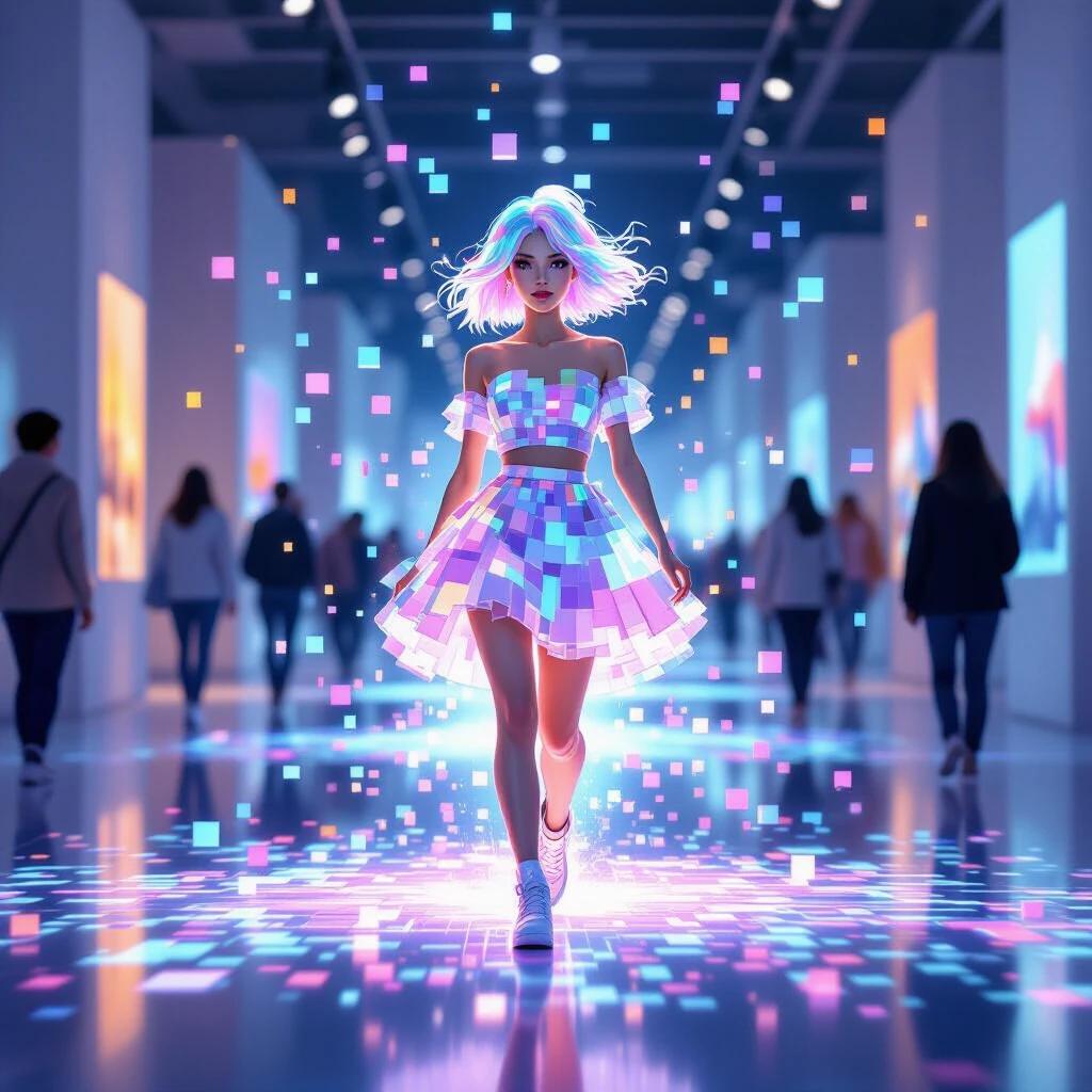A vibrant figure strides forward made of translucent cubes shimmer with colors. Character has playful hairstyle and wears a pixelated skirt. Dissolving into digital fragments suggesting virtual art. Background is an indoor exhibition with soft lighting. Scene evokes energy and whimsy conveying transformation between physical and digital realms.