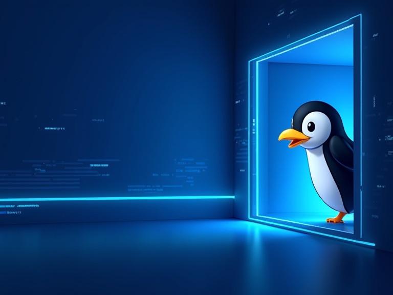 Digital artwork featuring a blue background with glowing lines. A cartoon penguin peeks through a window-like frame. The penguin has a black and white body and a yellow beak. Scene blends technology and fun.