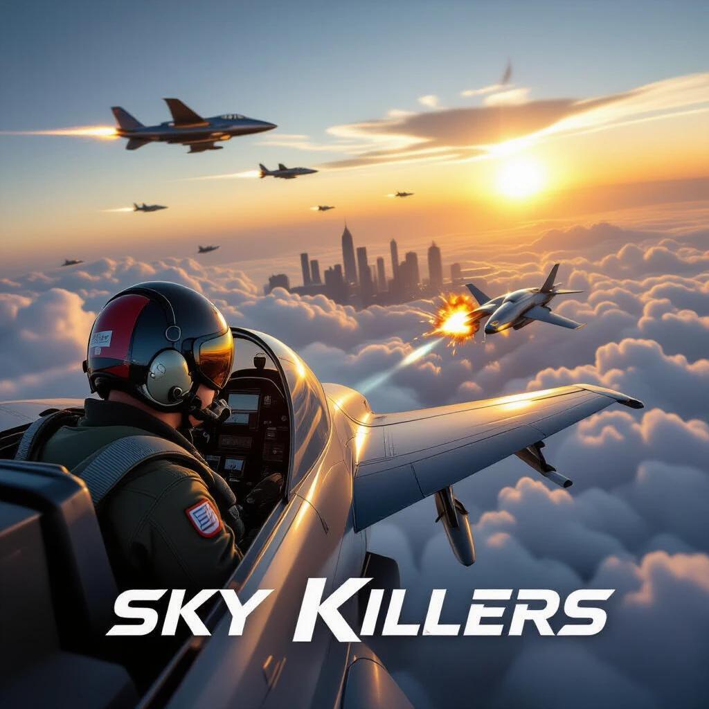 Epic movie poster titled Sky Killers. Tom Cruise and Ana de Armas are pilots in fighter jets. Jet fighter duo engages AI drones above a futuristic megacity. Cockpit HUD reflects in pilot's visor. Drones explode in background. Beautiful clouds surround the jets. Set during golden hour with stunning sunset horizon.