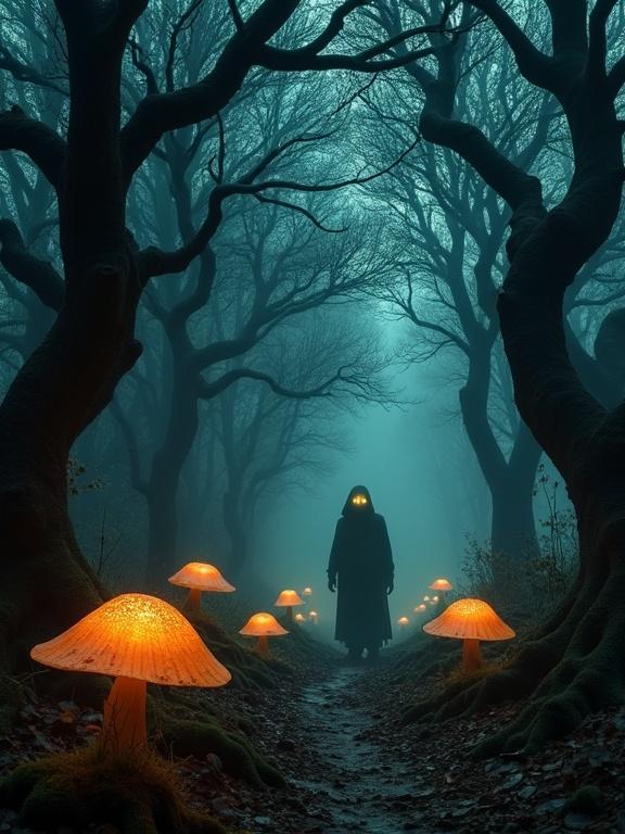 A dark and eerie forest scene. Gnarled trees with Art Nouveau influences. Branches form a tangled canopy. Strange, glowing mushrooms illuminate the floor. A figure with glowing eyes emerges from shadows.