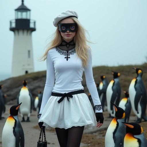 A beautiful blue-eyed blonde woman walks next to a lighthouse. She wears a white long sleeve shirt with a Baroque black collar. A white mini-kilt complements her black tights. Black gloves and a small black handbag add elegance. The scene includes blue-eyed penguins and black mannequins.