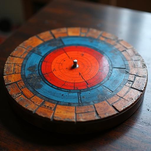 Create a spinning wooden table with red and blue colors around the edges. Design it to look like an album cover. Include the name Kawa E.