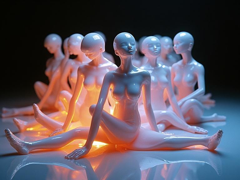 Many glass and crystal female figures in a choreographed pose. They sit on the floor with legs wide open. Each figure glows in different soft and vibrant colors. The setting has a metallic luminescent effect.