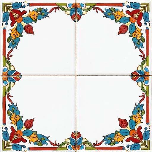 Large rectangular mosaic made of uniformly sized shiny white tiles arranged in an orderly grid. A decorative border inspired by Andalusian floral motifs along the edges, with traditional patterns combining stylized flowers, leaves, and vines in vibrant tones of blue, yellow, green, and red. Symmetrical and detailed border contrasting with the central white background. Overall design evokes elegance, tradition, and Andalusian craftsmanship, maintaining a clean and comfortable appearance.