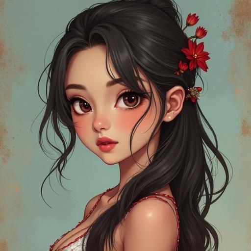 Illustration of a beautiful Asian woman with long dark hair and flowers in her hair. She has a soft expression with big eyes.