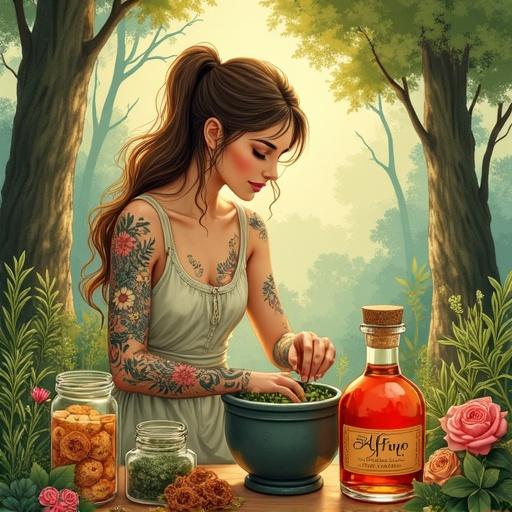 Illustration features a woodland scene with a goddess preparing herbs. She grinds herbs in a bowl, surrounded by jars and flowers. An apothecary bottle labeled 'ALFRUNO' glows softly. Colors are warm and earthy with a dreamy watercolor style.