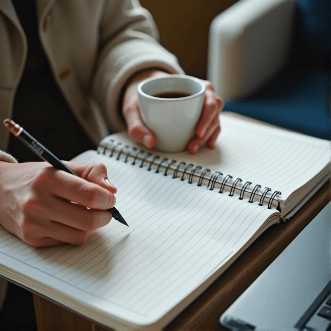 Two people are writing in notebooks with a cup of coffee nearby.