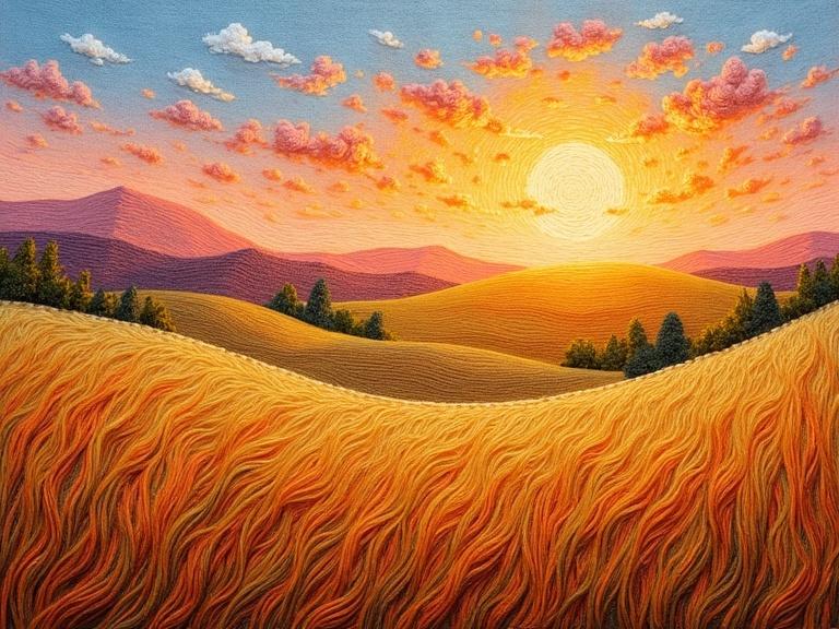 A serene sunset landscape with flowing, loose embroidery threads. The scene features a setting sun and soft pastel skies. Distant elements complement the composition. There is tactile depth from stitches. Golden light bathes the tranquil, open natural scene with fields or gentle hills.