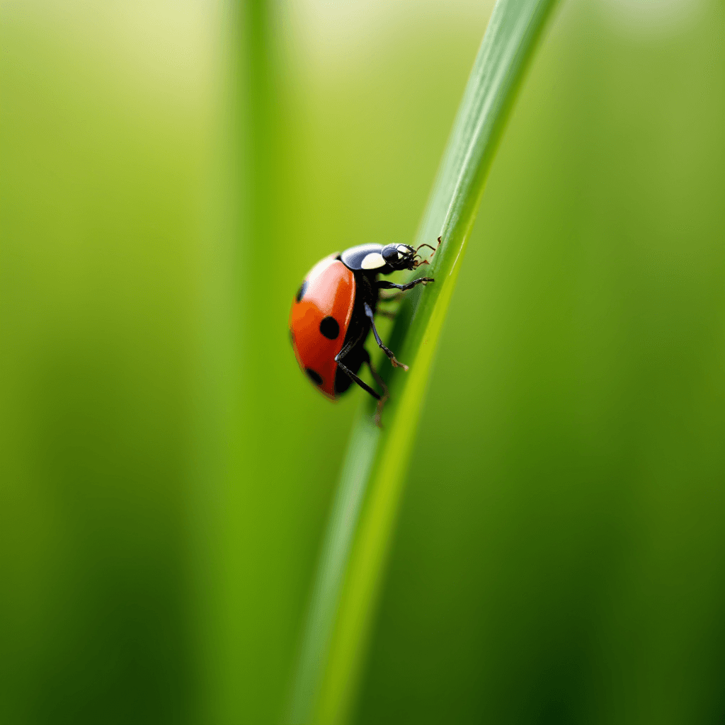 A ladybug climbing a green blade of grass with a blurred green background.