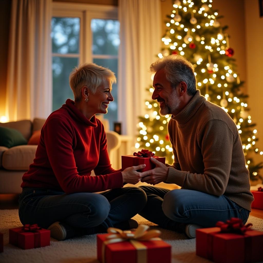 Middle aged couple exchanging gifts near a decorated Christmas tree. The scene is warm and inviting with soft lights illuminating the room. Gifts are scattered around them. They are smiling and enjoying each other's company, creating memories during the holiday season.