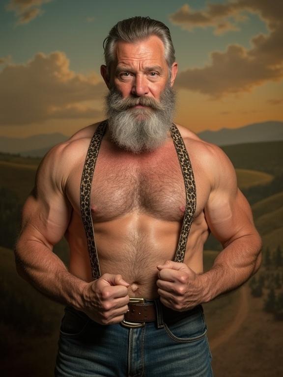 Vintage photo of retired circus strongman. Aged man with muscles and beard. Wearing leopard-print straps and leather boots. Soft, diffused lighting highlights features. Backdrop of rolling hills during golden hour. Styled like 1910s hand-colored photograph. Imperfections evoke archival nostalgia.