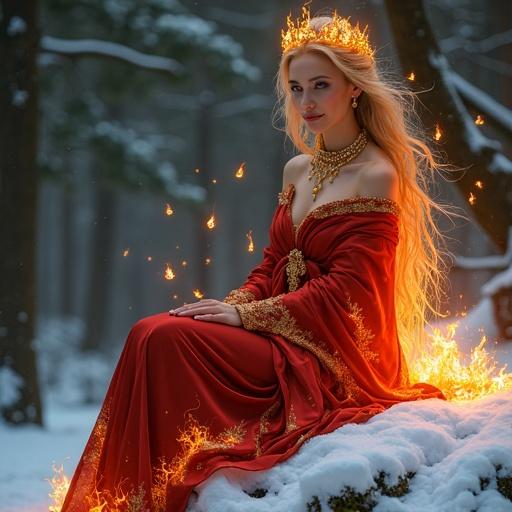 A mature female fire spirit sits gracefully on a snow-covered rock. She wears a flowing robe of platinum and deep crimson silk with flame-like edges. One shoulder is exposed while the robe has an asymmetric fiery design. Her long golden-amber hair flows like fire with a tiara inspired by ancient Greek hearth. Jewelry made of gold and amber decorates her neck, arms, and waist. A living flame aura surrounds her with small flame spirits nearby. She has a gentle smile. The scene is illuminated by mystical twilight light and portrays elegance in a natural setting.