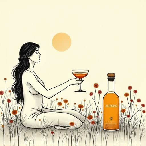 Minimalist line art depicting a serene Venus goddess seated in wildflowers. She offers a toast with a cocktail glass. An apothecary-style bottle of ALFRUNO elixir nearby glows softly. Image features bold black outlines against a beige background. Inspired by zen art focusing on simplicity and elegance.