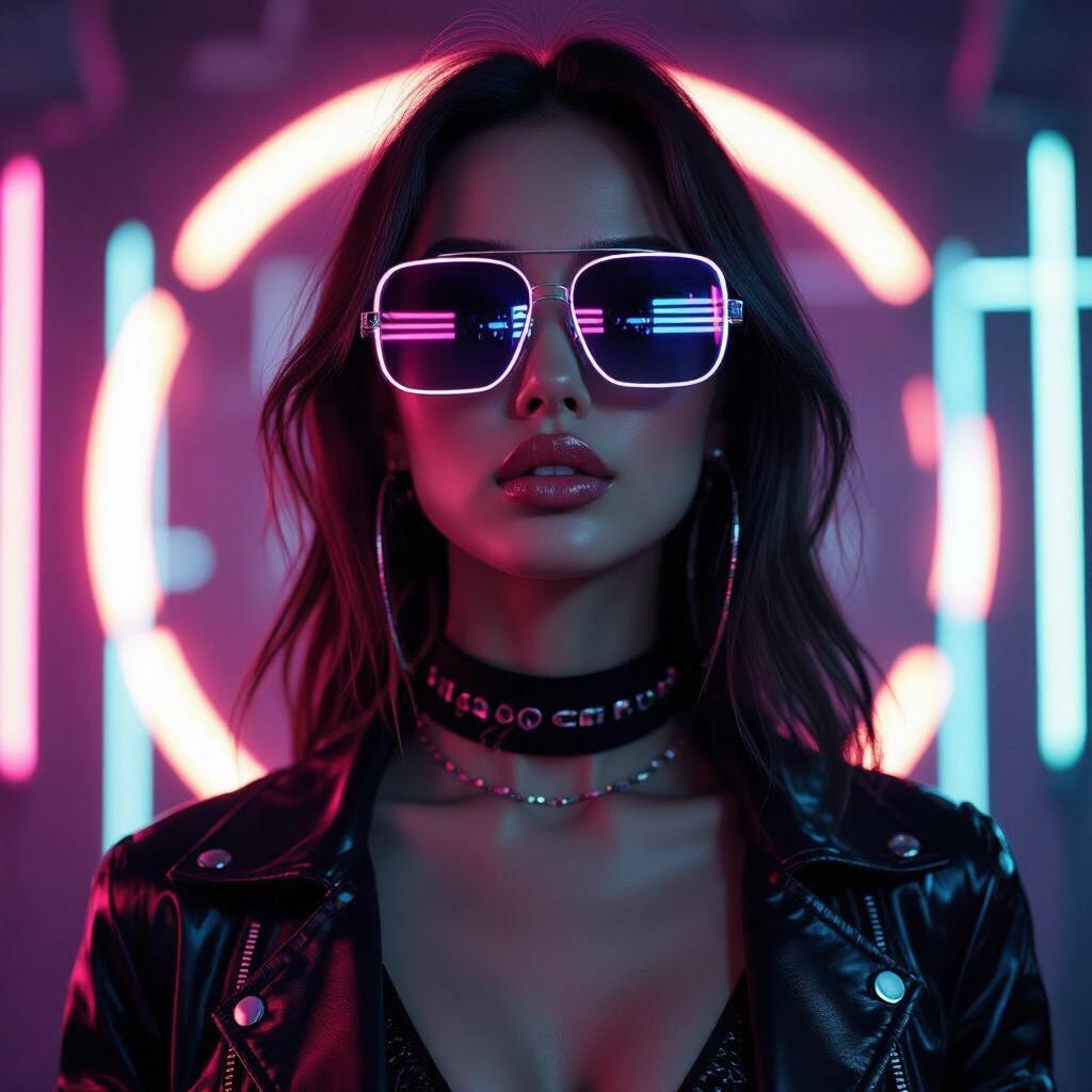 Full body shot from distance features a cyber babe model with cool futuristic sunglasses looking away. Soft dark RGB neon lighting effects in the background enhance the artistic appeal. Model showcases glamorous clothing with a focus on style.