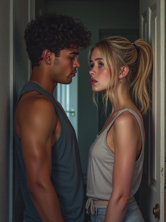 Side view of two teenagers interacting in a hallway. The male has curly hair and a sleeveless top. The female has light hair and is wearing a casual top. The setting is intimate and emotionally charged.