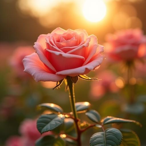 Close-up image of a blooming pink rose during sunrise. Soft warm light creates a fresh and vibrant atmosphere. Background is blurred, emphasizing the flower.