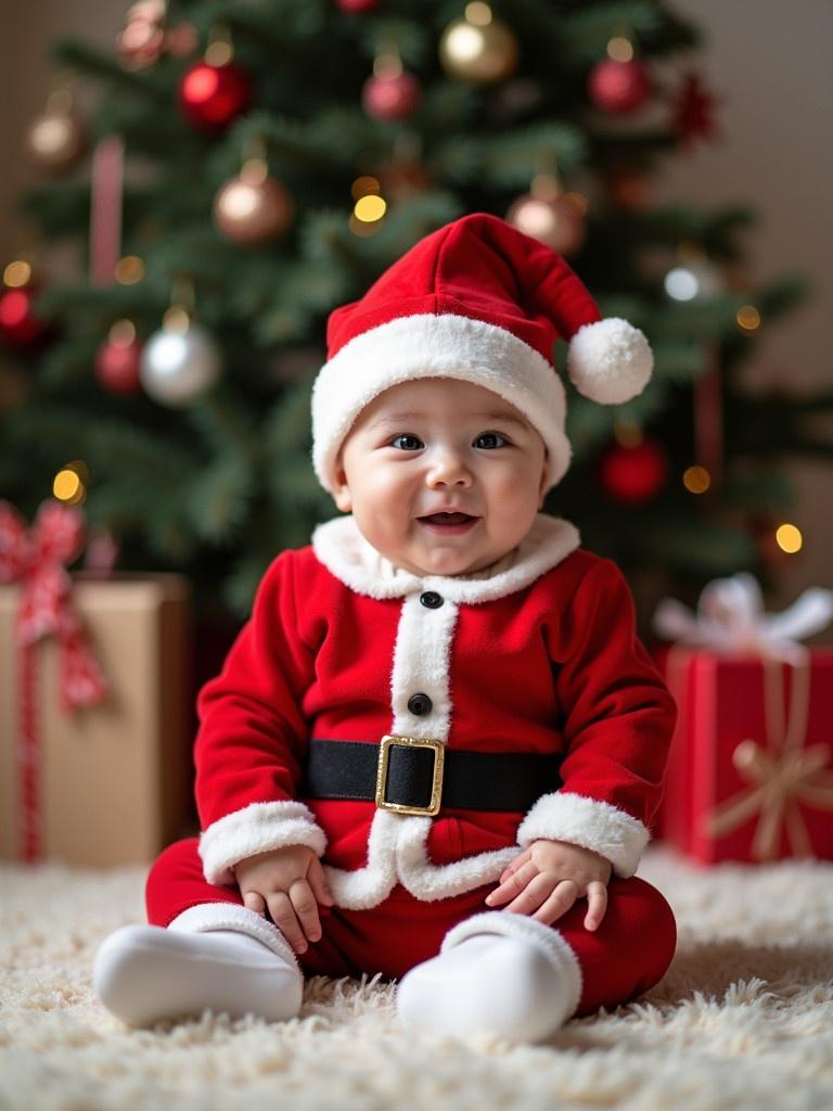 Christmas photo featuring a baby dressed in a red Santa costume sitting on a cozy floor. Background has a beautifully decorated Christmas tree and wrapped presents. Image conveys warmth and festive cheer.