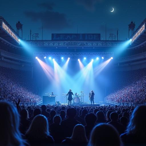 A visual kei band performing at a stadium at night with a large crowd