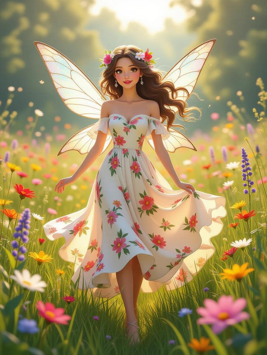 Whimsical 3D fairy in a lush meadow. Fairy wears a flowing floral dress. Surrounded by vibrant wildflowers. Style inspired by Amy Brown, Brian Froud, and Kinuko Craft. Features intricate details and soft lighting.