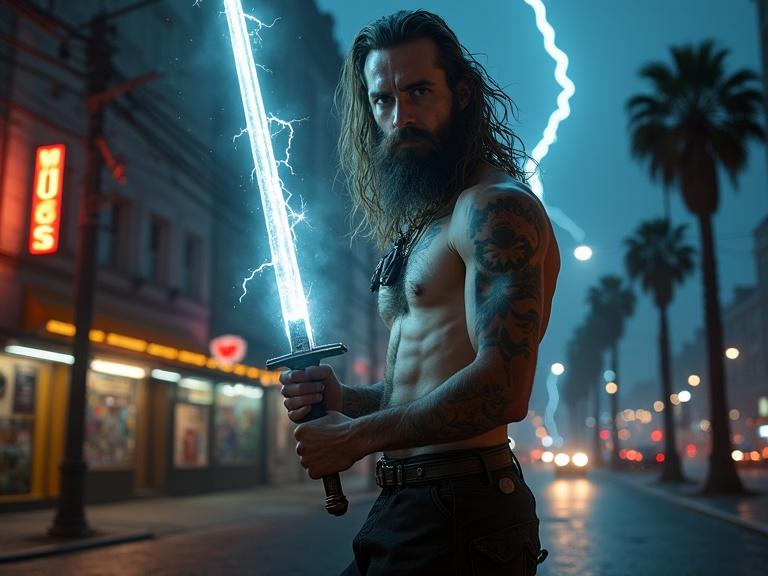 Young male with long hair and beard holds glowing sword. Electric eyes and tattoos. Night city with palm trees and thunderstorms. Background features stores and power lines.