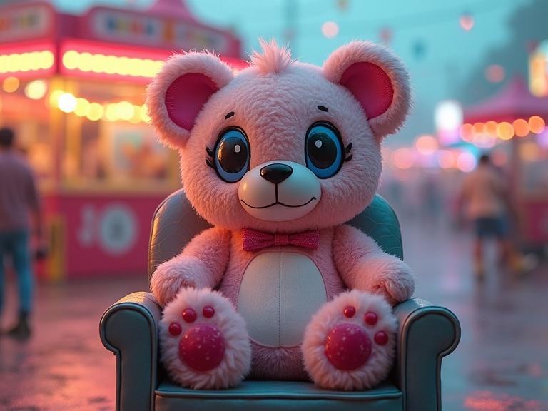 Image features a cute chibi teddy bear with mismatched eyes sitting in a chair. The bear has a stitched texture and is surrounded by a carnival atmosphere. The background includes pastel fog and vibrant lights. The scene conveys an uncanny charm.