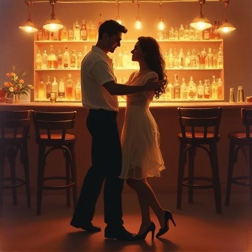 Couple dancing in a cozy vintage-inspired bar. Digital painting features soft textured brush strokes. Warm muted color palette. Subtle canvas texture for an oil painting effect. Semi-realistic style with painterly shading and soft light transitions.