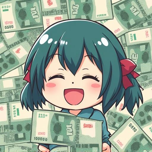 Anime character print out many 10000 Yen bills. Character exhibits happiness and foolish laughter with saliva. Bright colors and cheerful atmosphere.