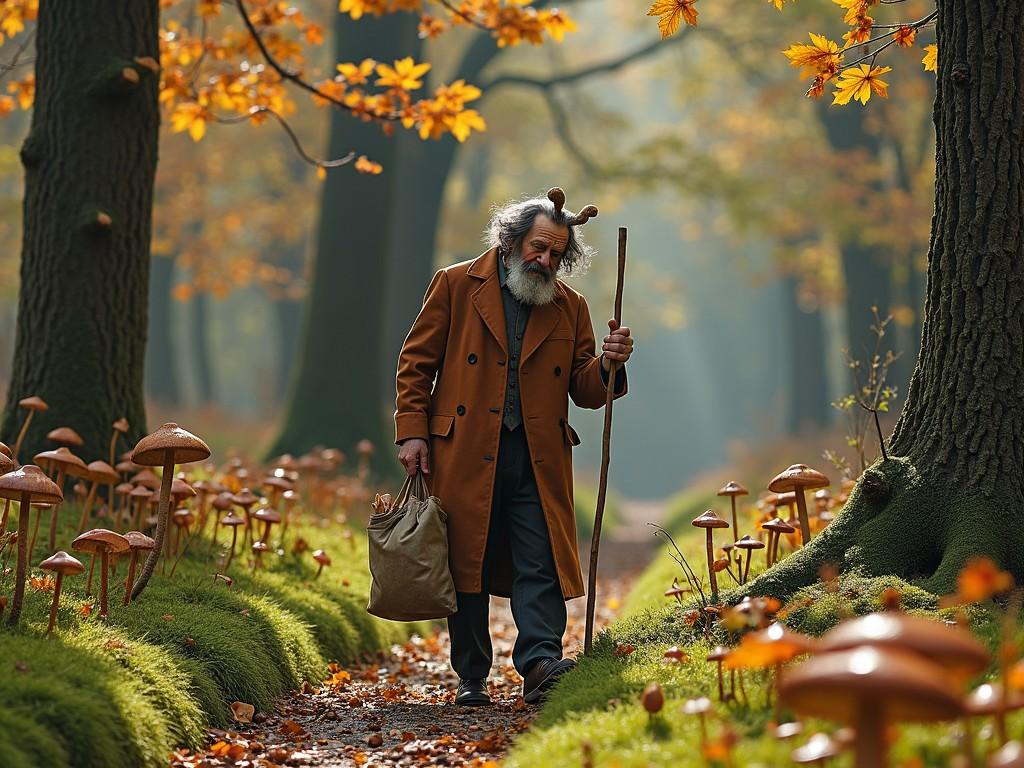 This enchanting image depicts an elder with a long gray beard and a brown coat, walking through an autumn forest populated by tall, whimsical mushrooms. The scene is illuminated by gentle, warm sunlight that filters through the golden leaves, casting a magical ambiance. The elder carries a stick and a bag, suggesting a journey or adventure in this fairytale-like setting.