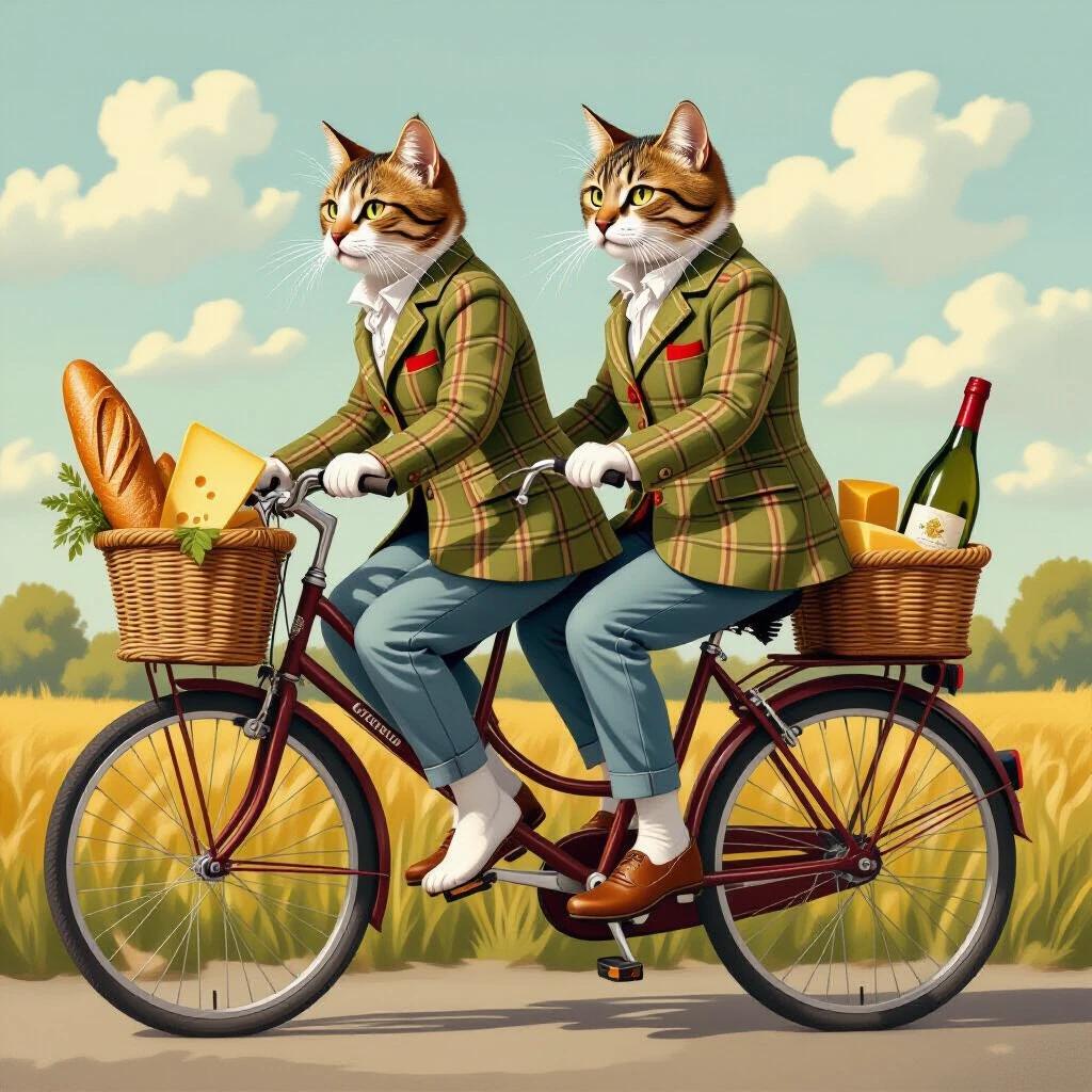 Illustration of two female-presenting cats riding a tandem bicycle. Cats with tweed jackets are barefoot. They pedal accurately connected to the bicycle. The front basket contains a baguette cheese and wine bottle.