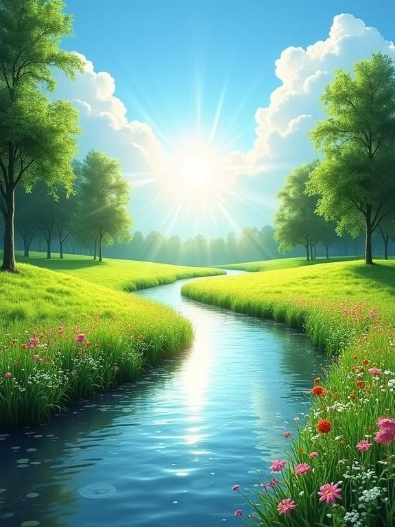A gentle river meanders through a lush green meadow. Clear water reflects the sky with soft ripples. Banks covered in green grass and colorful wildflowers bloom along the river. Tall green trees frame the landscape. Clear blue sky with white clouds on a bright sunny day. The sun shines behind the trees, casting rays of light across the scene.
