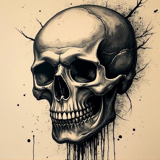 Illustration of a skull in woodcut tattoo style. The skull features intricate details with artistic lines and shading. The background is simple and highlights the skull's design. The artwork embodies a gothic aesthetic with a dark essence.