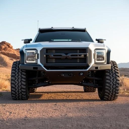 Photo of Thundercrest Outrider electric adventure pickup truck. Features a striking front view with muscular design. Vehicle is parked in a rugged landscape. Clear view of the tires and front grille. Off-road capabilities. Stylish and modern design.