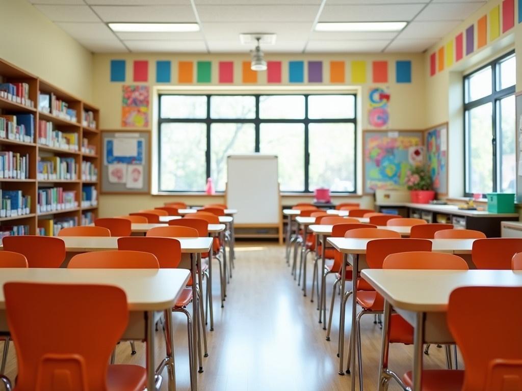 A view from an elementary school classroom. The room is brightly decorated with colorful student art all around the walls. There are desks arranged in a neat order, with orange chairs pulled up to them. A whiteboard is situated at the front, ready for lessons. Shelves filled with books are visible in the background. The atmosphere is cheerful and inviting for young learners.