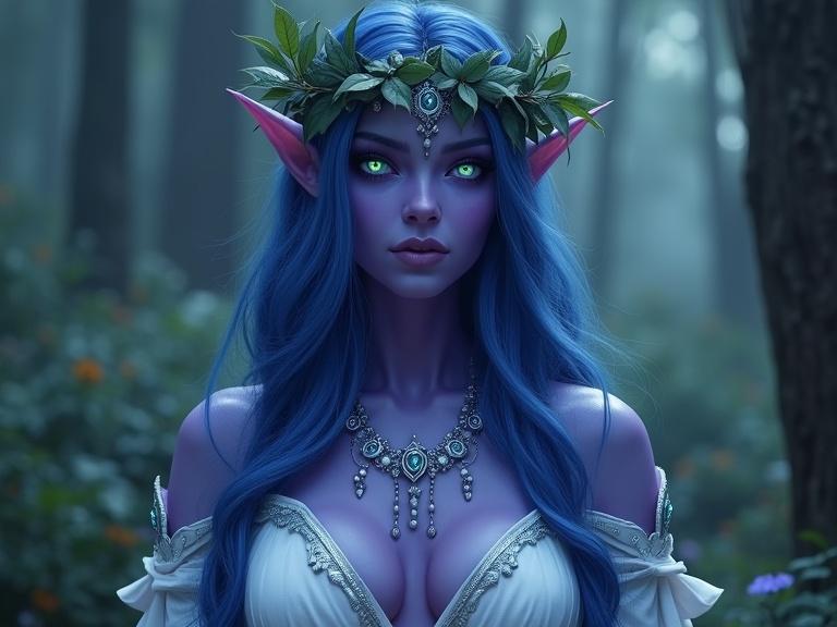 Cinematic fantasy scene depicting a busty night elf woman. She has purple skin and glowing cyan eyes. Long blue hair flows down. She wears a white dress adorned with silver ornaments and a head wreath of leaves. The backdrop features a mystical forest. Film grain adds to the atmosphere.