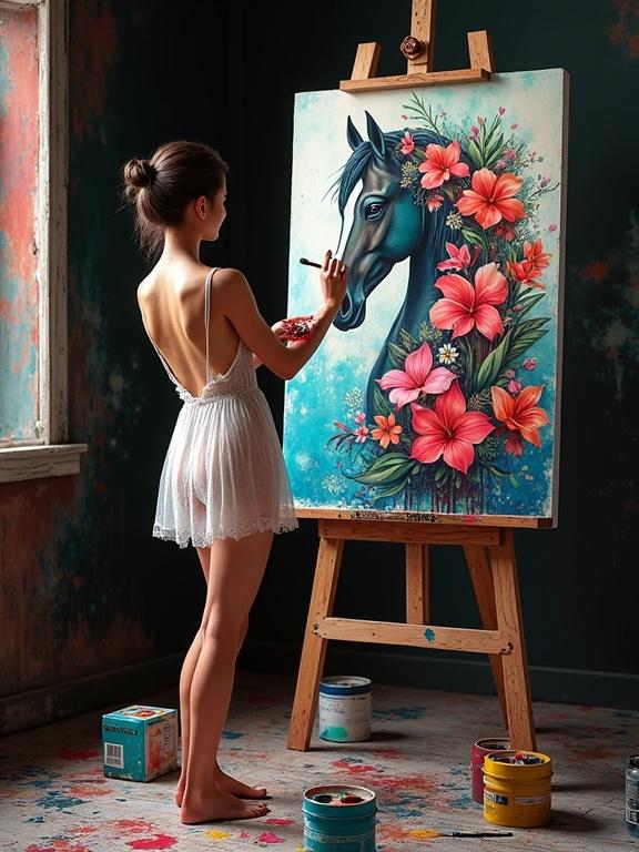 A woman paints a beautiful horse's head with flowers in a colorful art studio. The walls are stained with paint and paint cans are scattered on the floor. She wears a transparent dress and has paint on her arms and thighs. The scene is soft lit and photorealistic.