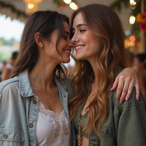 Two women smiling at each other in a warm and joyful setting. They are dressed in casual clothing and seem to be enjoying an outdoor event together. The scene evokes feelings of friendship and happiness.
