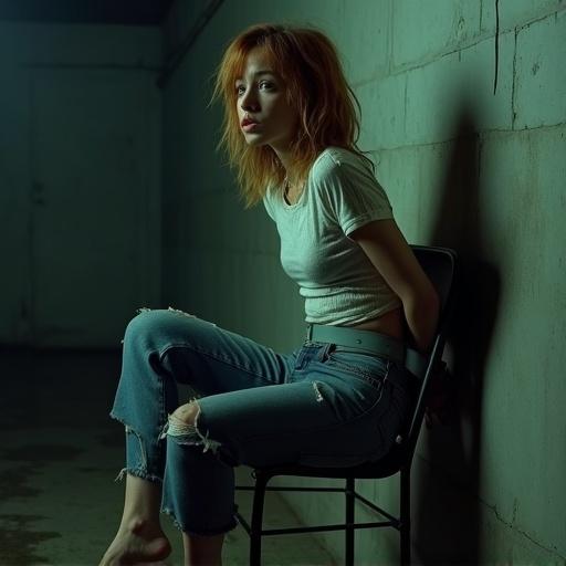 A terrified young woman tied to a metal chair in a dark basement. Hands bound behind her back. Gagged with silver duct tape. Wearing a dirty white ribbed crop top and torn blue jeans. Barefoot with messy shoulder-length red-blonde hair. Cinematic horror lighting and a wet concrete floor. Captured in a side view with a scared expression.