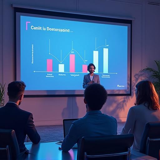 A modern presentation setting with a speaker addressing an audience in a corporate environment. The speaker stands in front of a large screen displaying charts and graphics. The audience consists of several people seated at a table, all focused on the presentation. The atmosphere is engaging and professional.