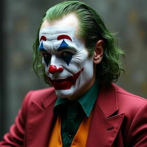 Joker archetype inspired by Carl Jung's theories. Focus on exaggerated facial features. Emphasis on color contrast. Character showing mixed emotions. Captivating theatrical expression.
