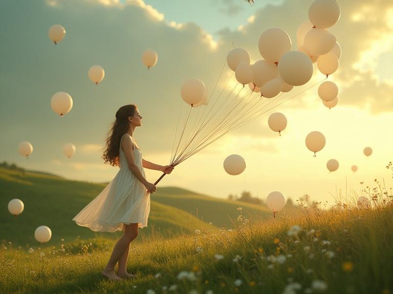 Surreal and dreamlike scene featuring woman in flowing white dress on grassy hillside holding numerous white balloons in a pastoral setting during golden hour.