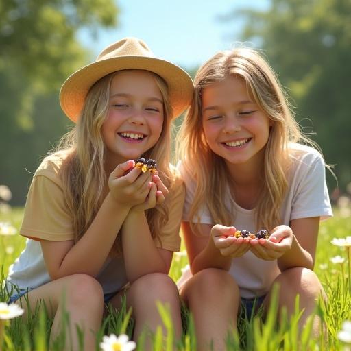 A photorealistic image featuring two young blonde girls enjoying a bright sunny day. They are capturing a joyful moment while interacting with insects in a flower-filled field. The setting includes green grass and trees, with the girls dressed in casual summer outfits. Their expressions are full of laughter and delight as they engage with their environment.