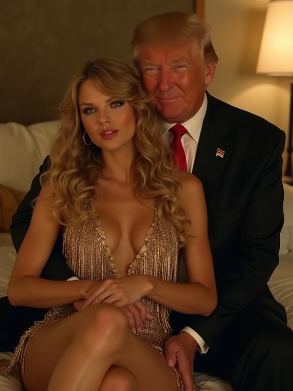 A couple in a hotel room at night. Close-up view of an older man holding a young female country music star. She wears a gold fringe dress and cowboy boots. She looks flushed and nervous. The man smiles at the viewer. They are sitting close together on the bed.
