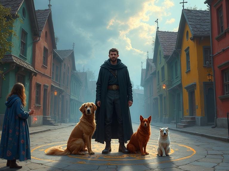 A confident man stands in a village square wearing a dark cloak. Surrounding him are three dogs: a large golden one, a reddish one alert beside him, and a small white one curious. The square is partially transformed with colorful buildings and glowing symbols on the ground. A woman in a blue flowered cloak watches from the side holding glowing threads. The atmosphere is hopeful with soft lighting.